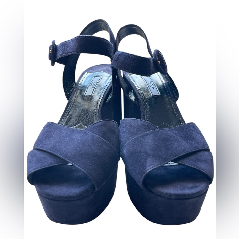 Prada Blue Suede Criss Cross Platform Sandal - Picture 2 of 10